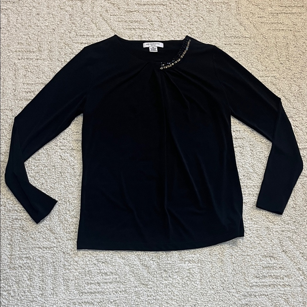 Liz Claiborne Petite medium elegant romantic black stretch top embellished neck